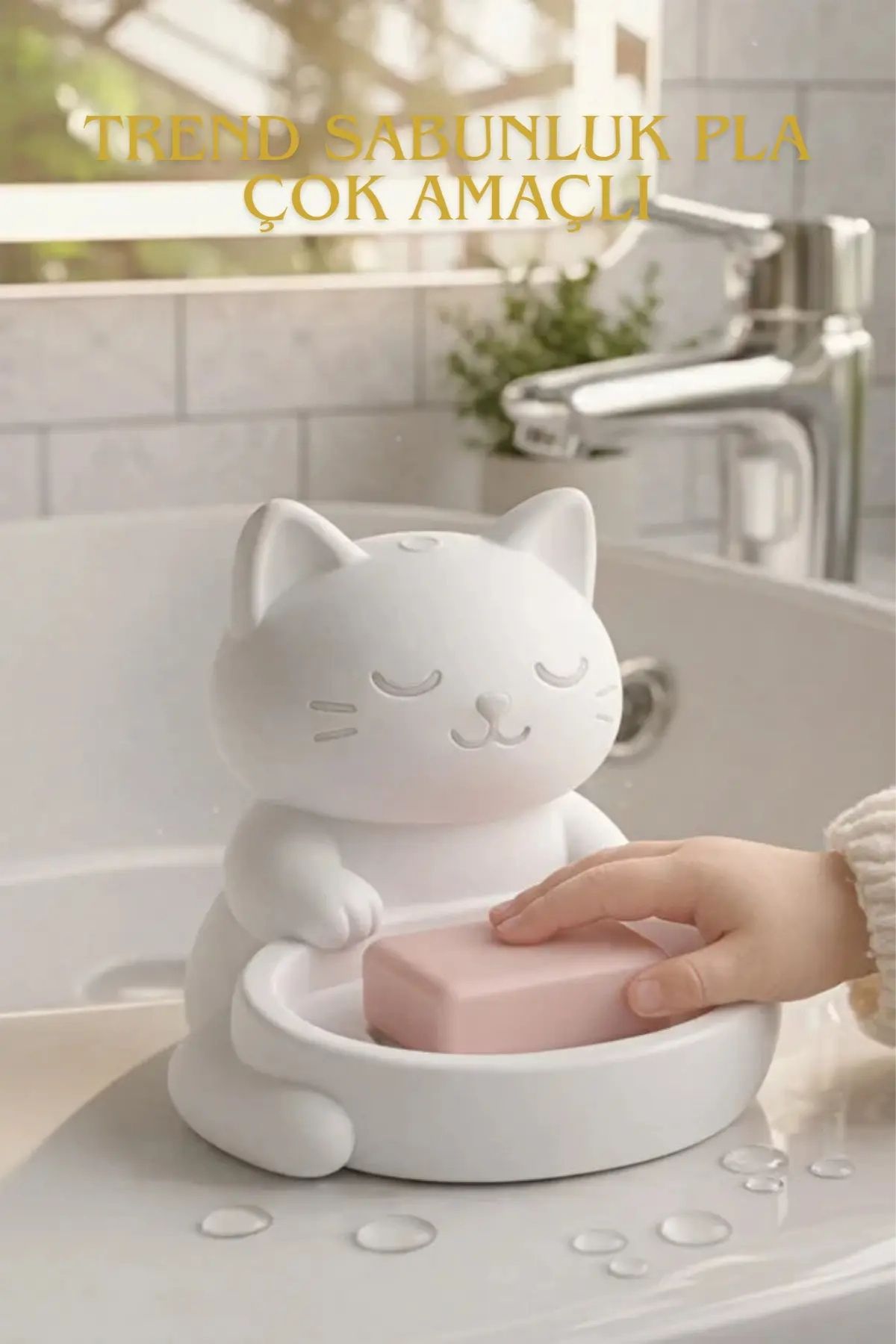 Kedi Figürlü Sabunluk Banyo ve Lavabo Aksesuarı Su Süzmeli, Hijyenik ve Dekoratif Organizer