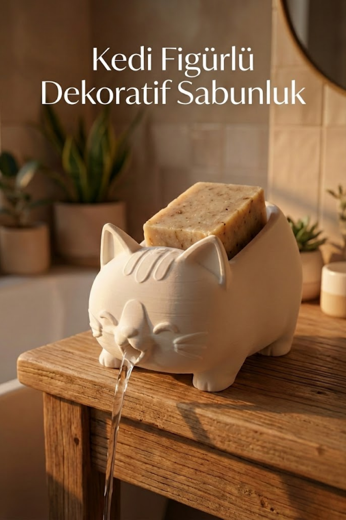 Tatlı Kedi Sabunluk Ağızdan Su Tahliyeli Plastik Banyo Aksesuarı, Dekoratif Sabunluk